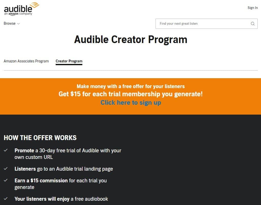 Make money online by promoting Audible's 30-day free trial as an affiliate