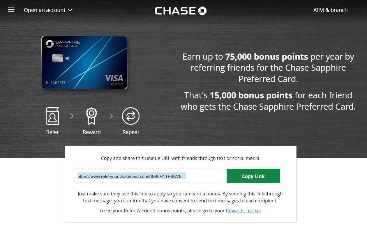 Example of a Chase referral program for the Sapphire Preferred Card