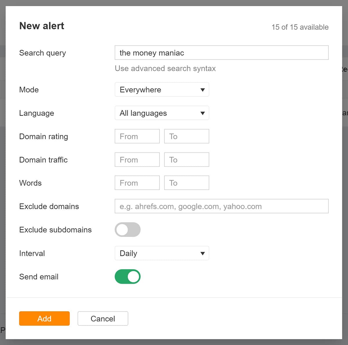 Ahrefs allows users to create alerts for phrases like their brand name