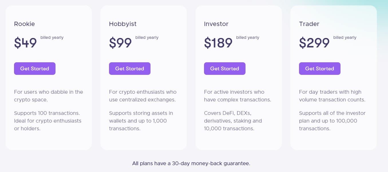Crypto Tax Calculator pricing table