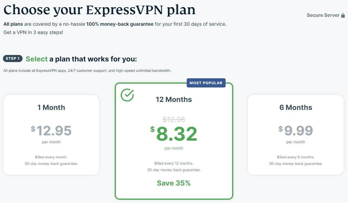 Three subscription options for ExpressVPN