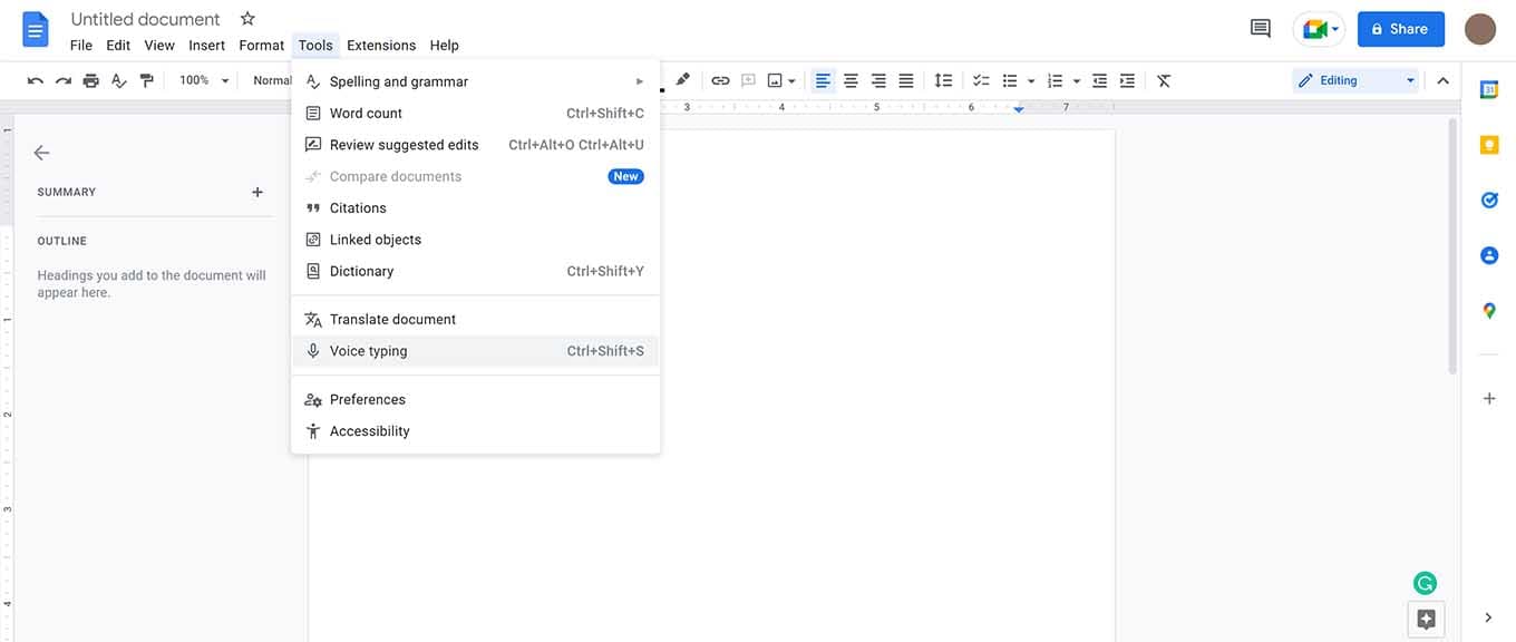 Screenshot showing how to access voice typing in Google Docs