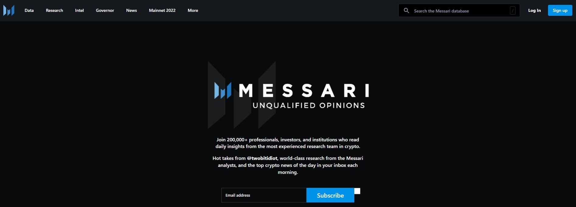 Sign up page for Unqualified Opinions by Messari