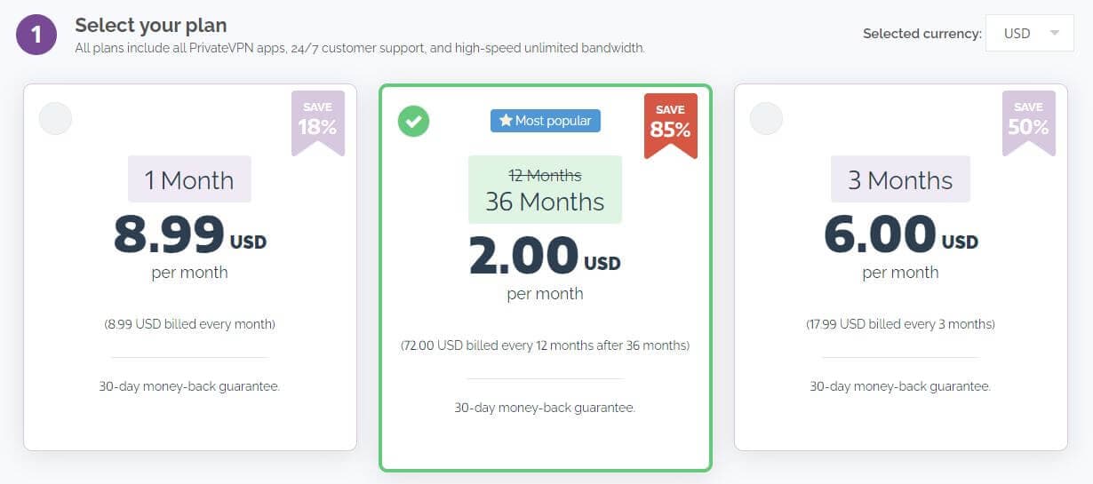 Three subscription terms for PrivateVPN service
