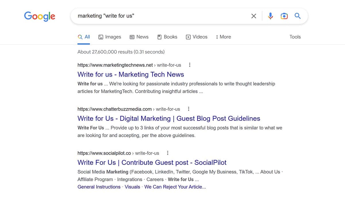 Google search results showing how to guest post for marketing blogs