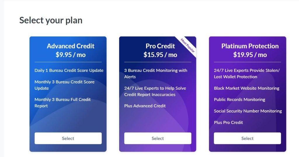 Credit Wise pricing table