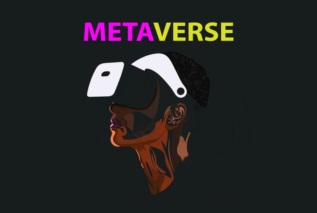 Cartoon image of a user experiencing the metaverse and digital real estate via a VR headset