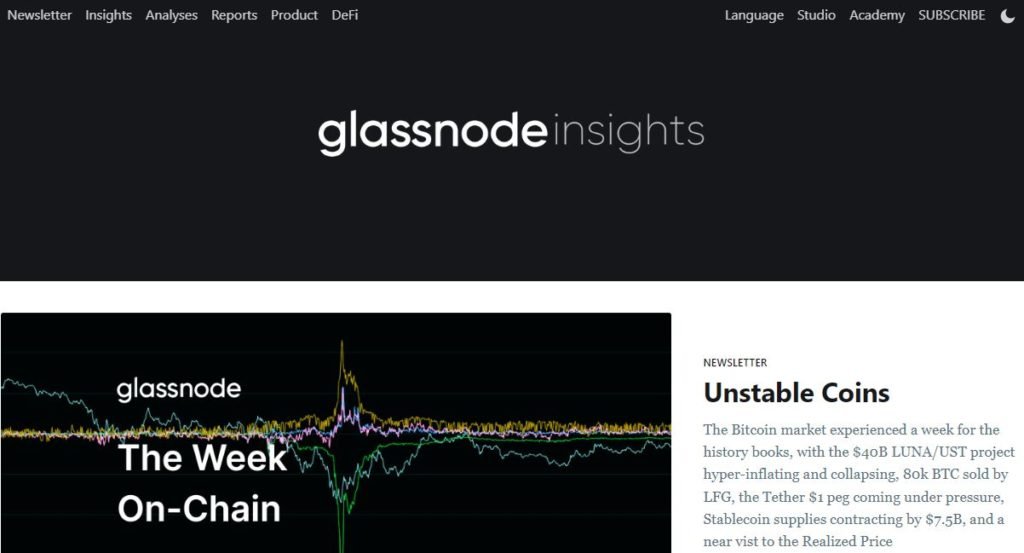 Home page for Glassnode Insights and The Week On-Chain blockchain analysis newsletter