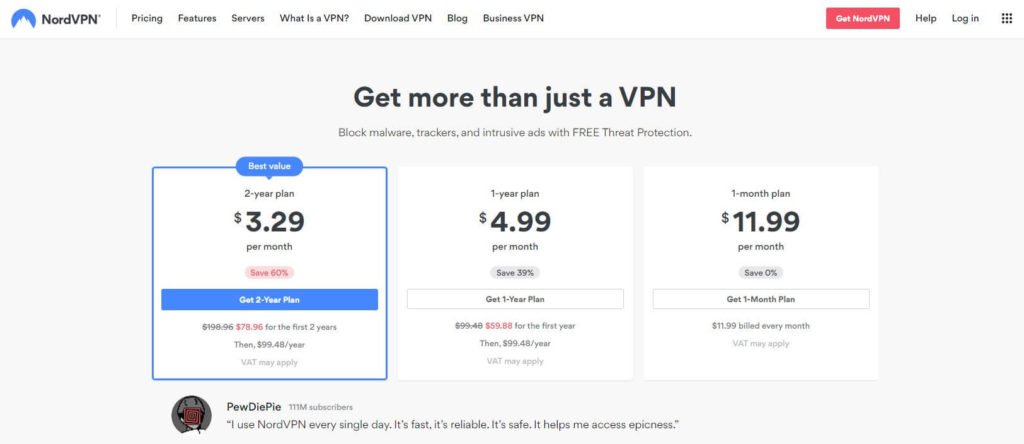 Three affordable pricing plans for NordVPN service