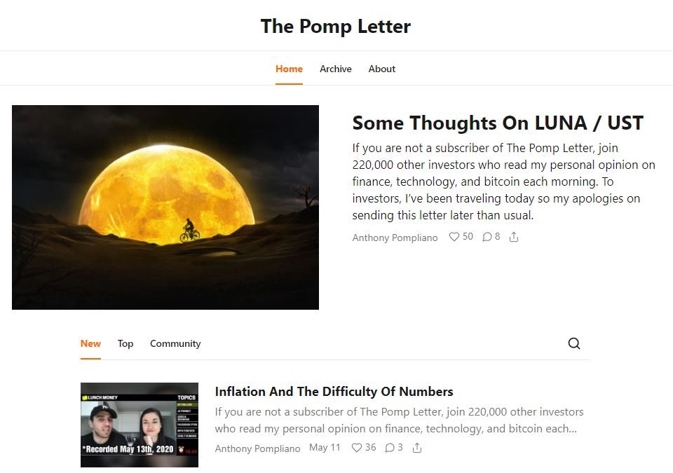 Home page for The Pomp Letter substack newsletter on technology and crypto