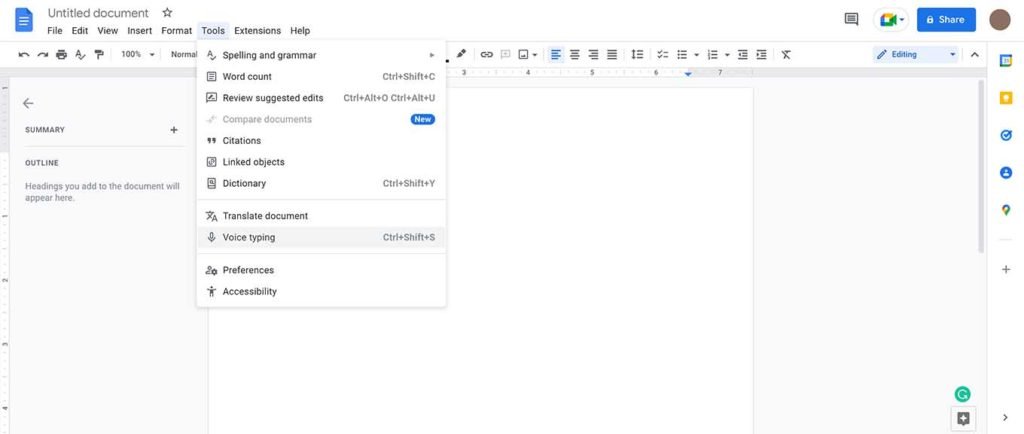 Screenshot showing how to access voice typing in Google Docs