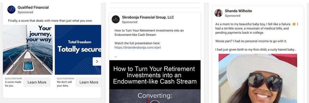 Examples of static image ads that relate to financial freedom
