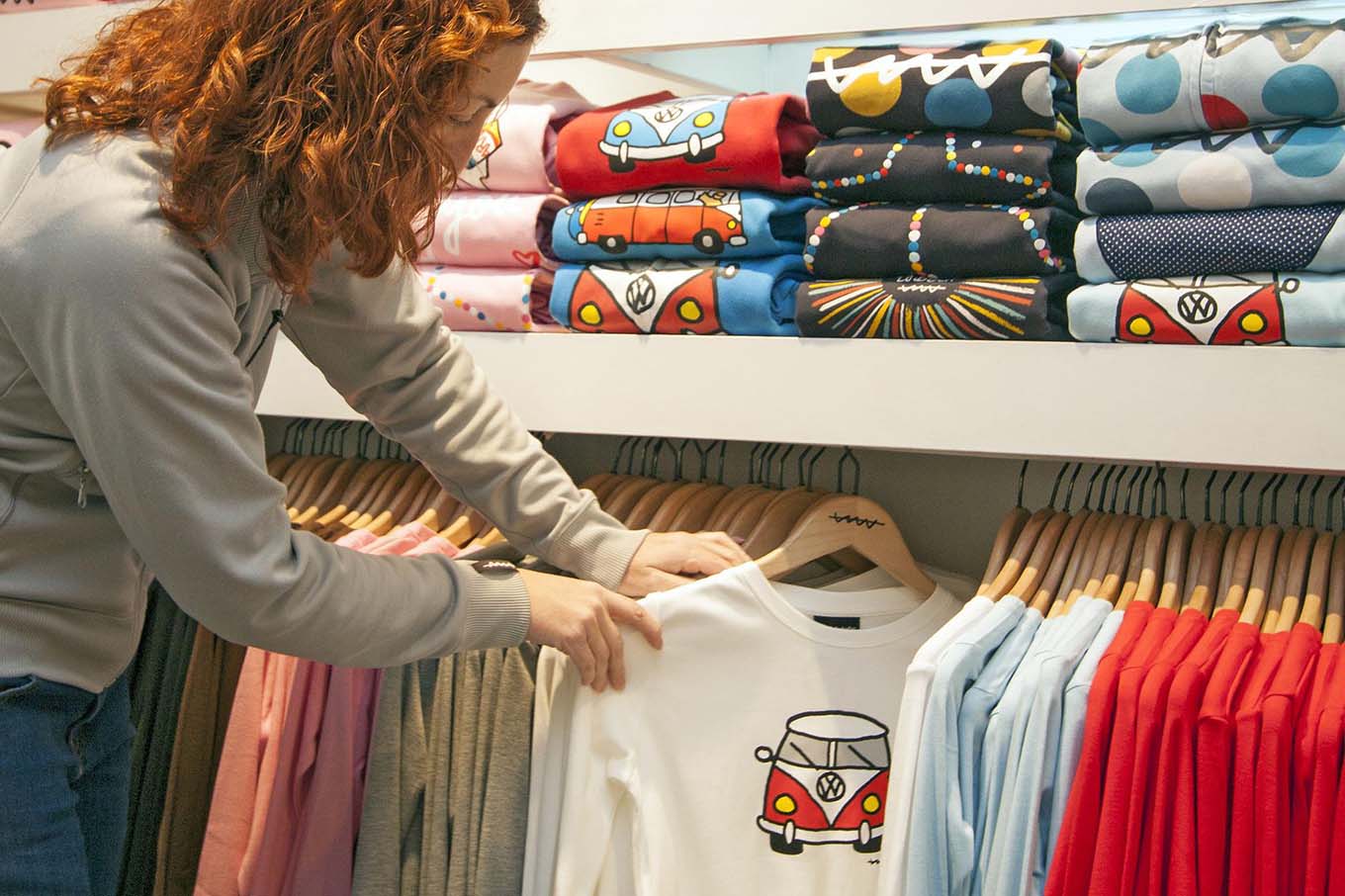 Woman looking at shop full of heat pressed apparel