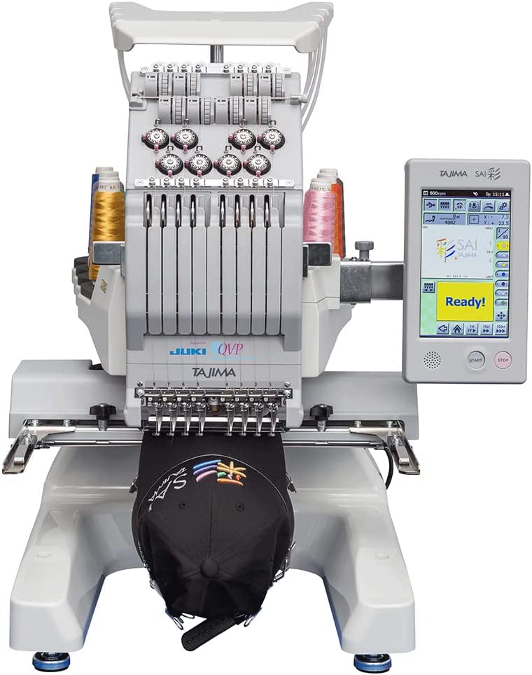 The Juki Tajima is an eight needle commercial embroidery machine with software and a hat hoop