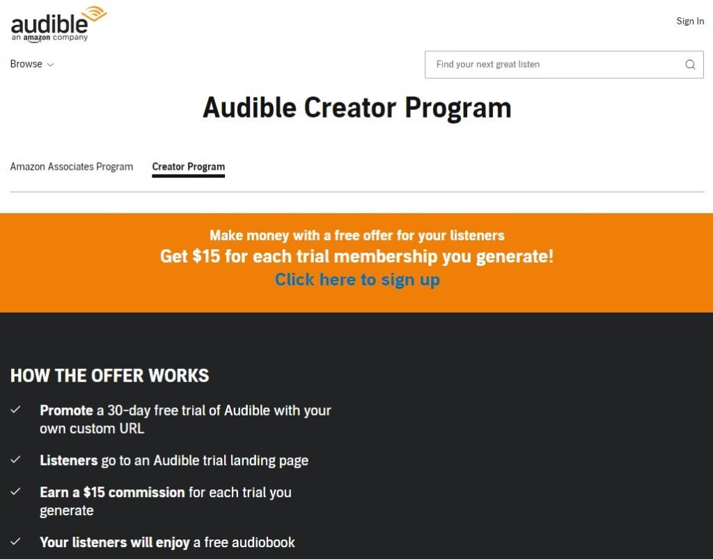 Make money online by promoting Audible's 30-day free trial as an affiliate