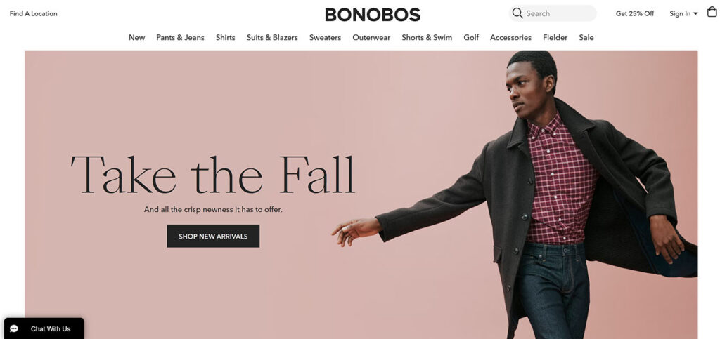 Bonobos is a men's DTC clothing brand that was acquired by Walmart in 2017