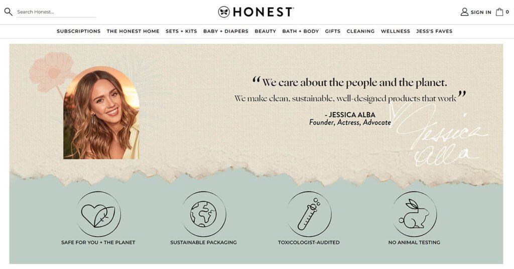 The Honest Company puts its brand identity on full display on its website