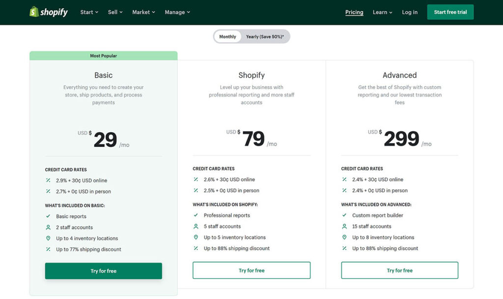 Shopify monthly pricing table