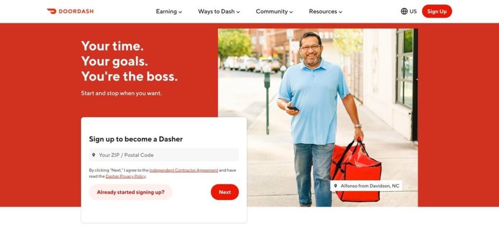 DoorDash is a courier service for local restaurants. Dashers make money on their own schedule by delivering food.