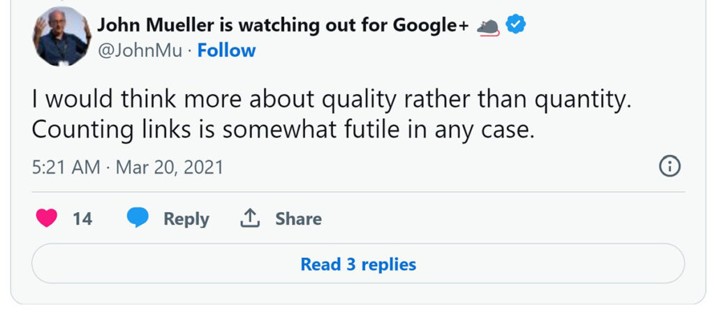 John Mueller tweets that backlink quality is more important than quantity