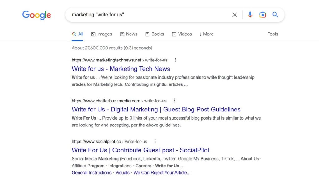 Google search results showing how to guest post for marketing blogs